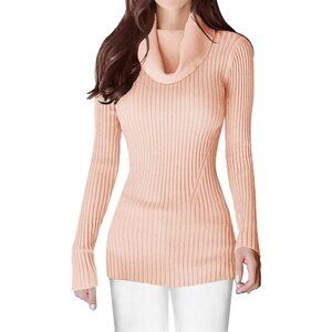 Women’s Cowl Neck Cream Stretchable Knit Long Sleeve Bodycon Sexy Sweater